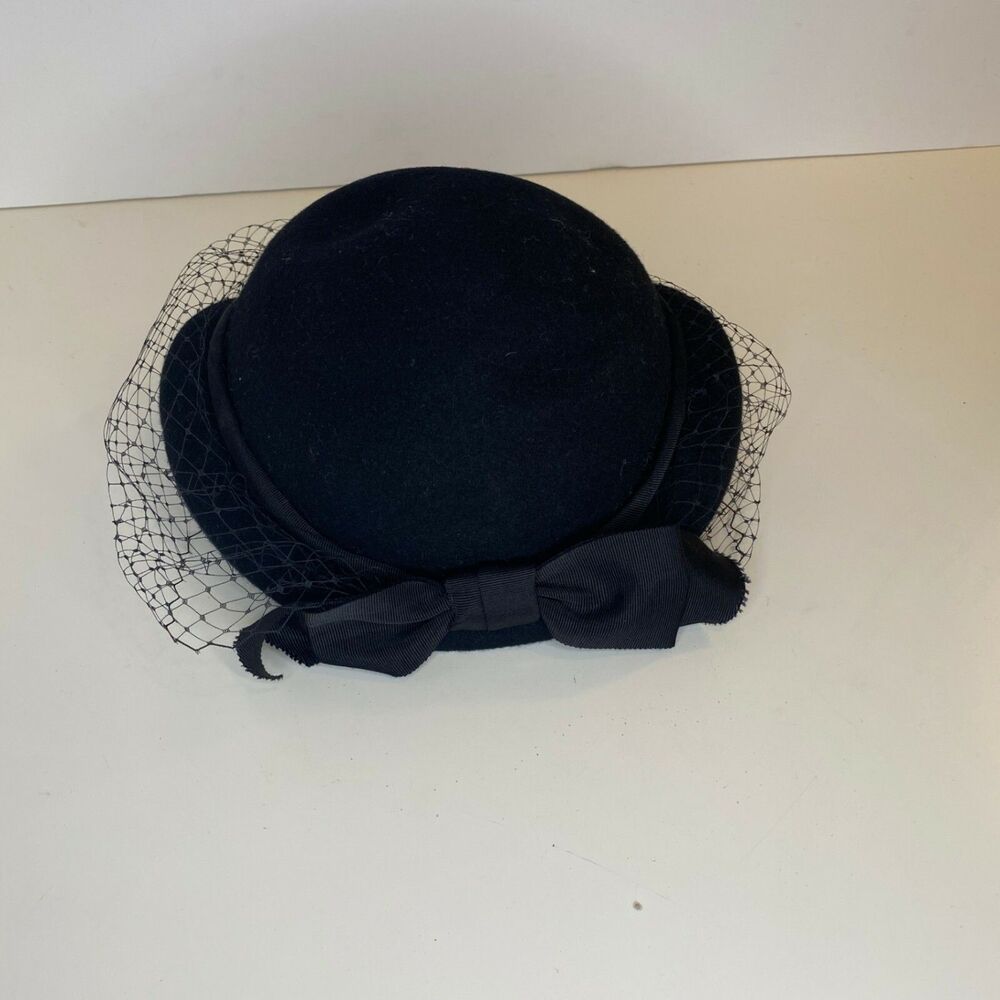 Vintage Lancaster Womens 1960s Black Wool Cocktail Hat Net Veil WPL 4564 USA - Picture 3 of 10